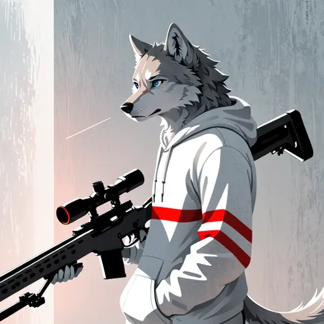 light grey white furre wolf, short hair, is wearing a white hoodie with red striped patterns, blue eyes in MINIMALIST style! With AWP in my hands