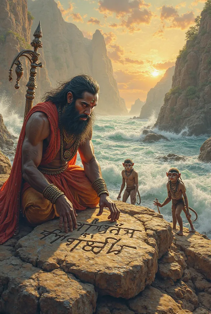 A picture of Hanuman writing Ram on stones, and wonder monkeys making Ram Setu. Rama and Lakshmana standing and watching. 