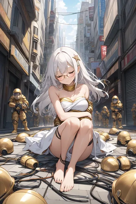 a colossal young anime girl with long white hair, eyes closed weakly, wearing a white ripped up strapless sleeveless ripped slim mini tight fitted dress with gold torn seams, gold rimmed glasses, and a Star-shaped hairpin, barefoot, face down laying down i...