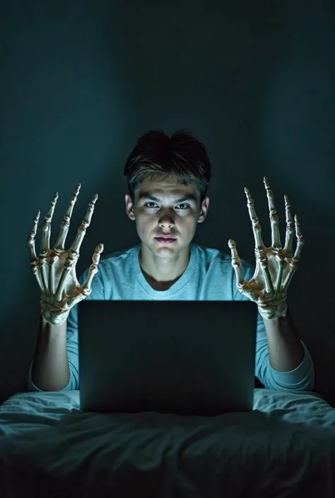 "Suddenly, skeletal hands emerge from the laptop screen, reaching toward the young man. His eyes widen in terror as the hands stretch further, their fingers twisting unnaturally. The room feels suffocating, and the shadows grow longer as the hands approach...