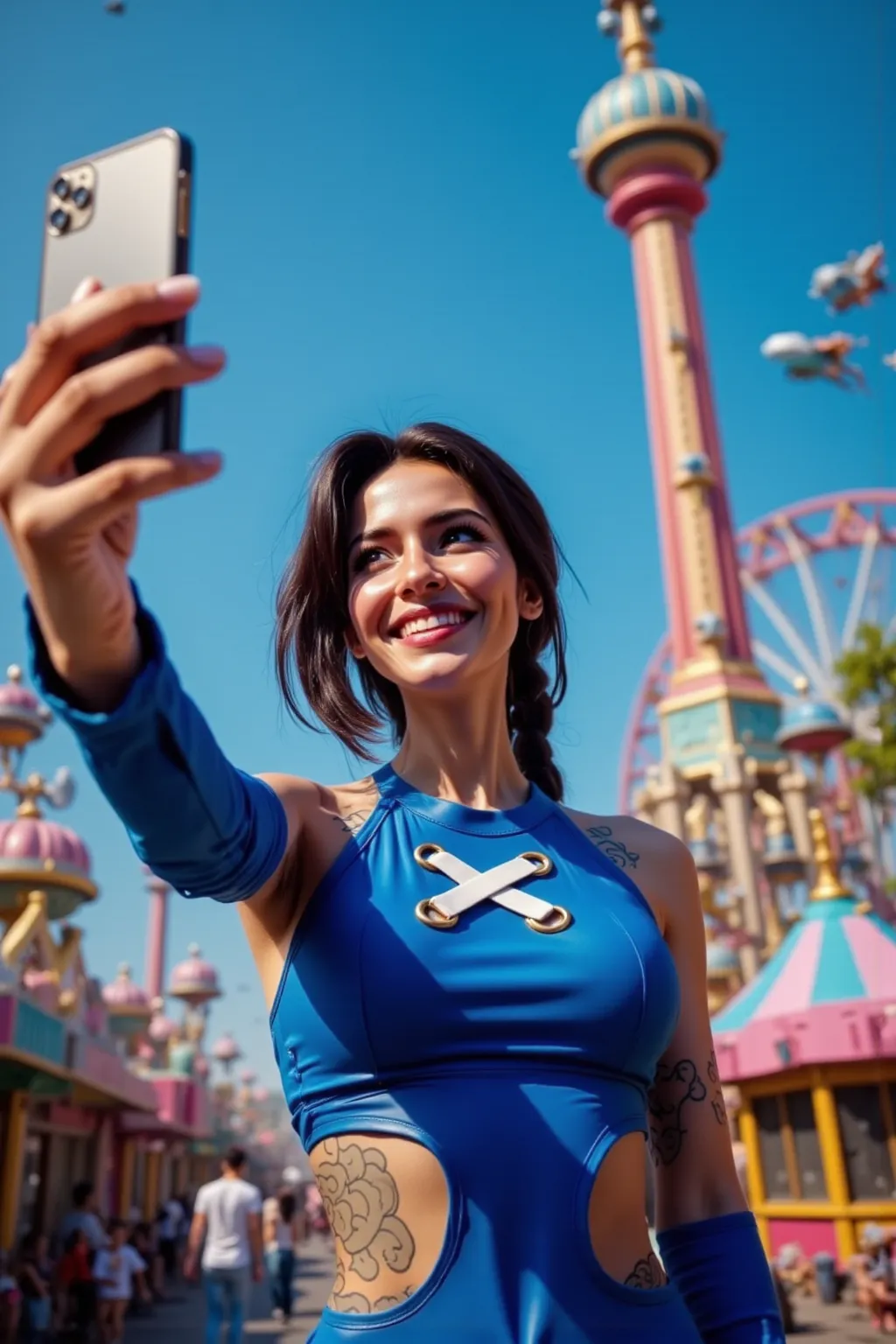 She is wearing a blue tight suit.She has a bright smile.I'm holding my phone with my hand and taking a selfie.The venue is a theme park with huge rides.