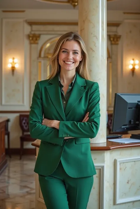 Bank teller in formal green clothes