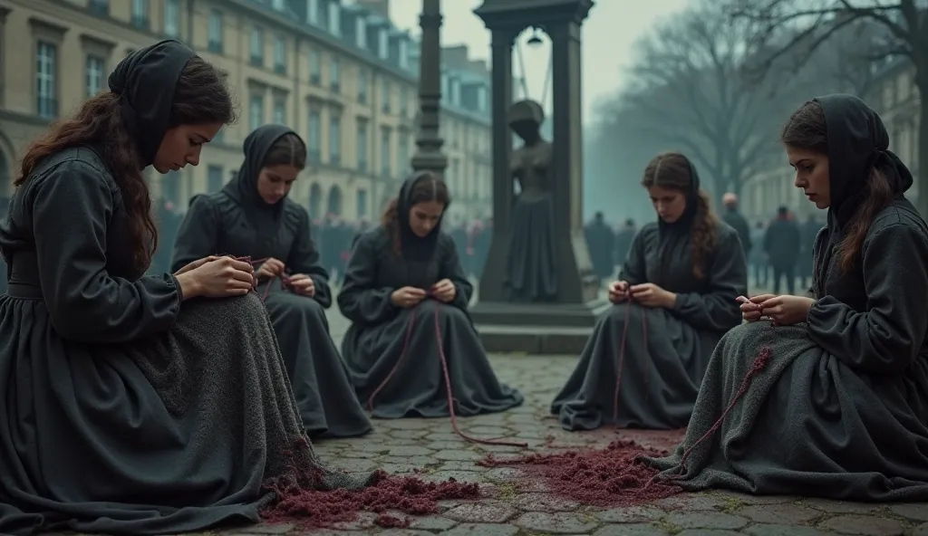 In a Parisian square shrouded in a dark and oppressive atmosphere, a group of tricoteuses sit around the guillotine, the impassive and focused faces. Women , dressed in gray and dark clothes of the eighteenth century, They intertwine their knitwear while t...