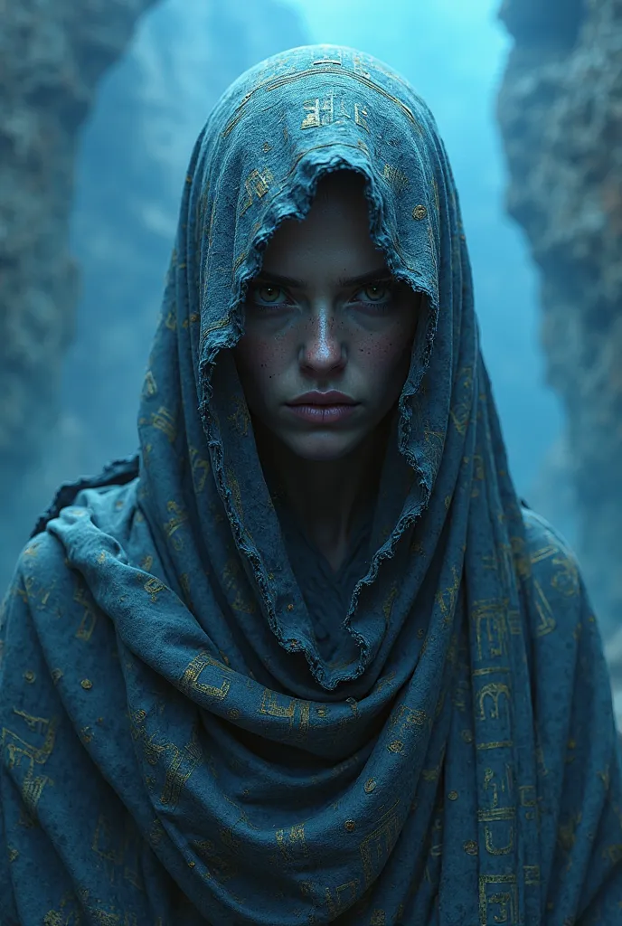 an ancient, cloaked female figure with piercing eyes, face covered in dust and dirt, their face wrapped in fabric adorned with extremely intricate hieroglyphs, set against an abstract, polygonal blue gradient background. The cloth appears worn and frayed, ...