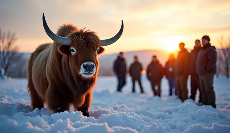 The musk ox, now fully recovered, stands proudly in an enclosed outdoor habitat. Its fur looks clean and healthy, and its eyes appear bright and strong. The rescue team watches from a distance, smiling at their successful mission. The sun begins to rise, c...