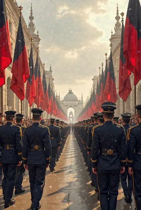 Military parade in a European city with red flags 🔴, negro⚫ y blanco⚪ en los años 1920