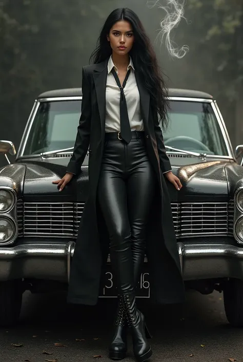  photorealistis, a beautiful young Indonesian woman,  long black haired ,  Wearing a blazer /a long suit combined with a white shirt and a mafia-style black tie, wearing tight black leather pants, high heels boots, standing confidently and looking satisfie...