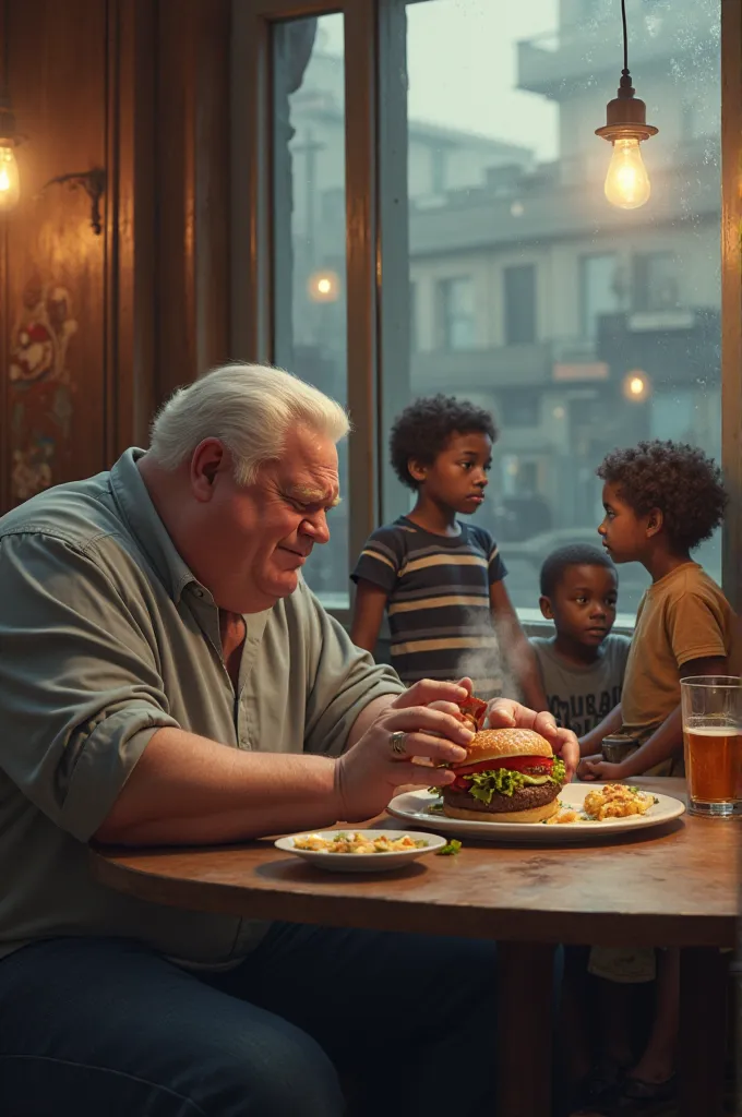 Create an image of a fat white man in a restaurant eating a hamburger while skinny black ren look at him from outside and are sad