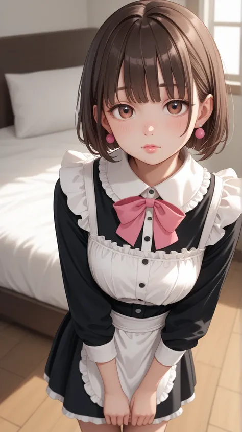 anime style、Baby Face、 one woman、pink lips、bangs、Dark、bob hair、Dark brown hair、 Low、big eyes、round face、Anino breast、half close eyes、brown eyes、small pink earring、blush、maid clothes、weat、steam、standing on floor、 hotel 、 bed、