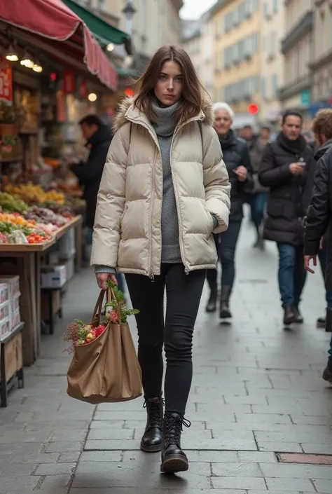 Une femme cheveux bruns qui arrivent à mi-hauteur du dos, que l'on voit de dos marché boulevard de l'Europe à Mulhouse, et qui tient dans une main un panier avec des légumes et dans l'autre des papiers, et qui porte des Doc Martens un pantalon noir et une ...