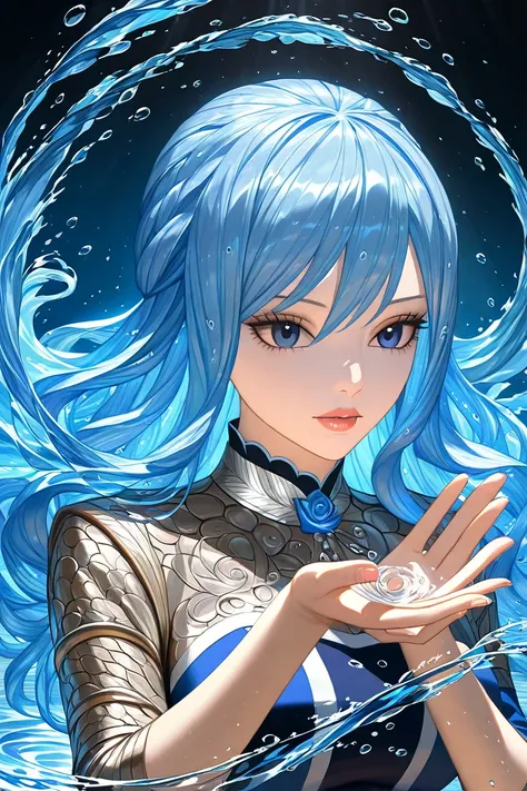 4K, ultra-detailed, highly detailed, hyper-realistic, masterpiece, best quality, intricate details, Juvia Lockser from Fairy Tail, sans headdress, gracefully raising her arm as a swirling sphere of water forms above her palm, with droplets swirling around ...