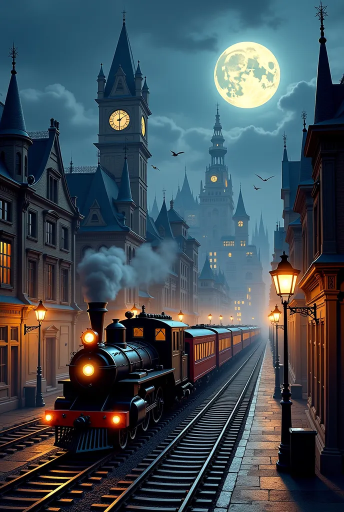 trains running on railroad tracks for a close-up view of the city, A bustling magical town,  Joe Gonzalez , Magical City,  night cityscape , Steampunk cityscape ,  fantasy style cityscape,  James Gillard 、 James Jean , by Nick Fudge, Inspired by Josan Gonz...