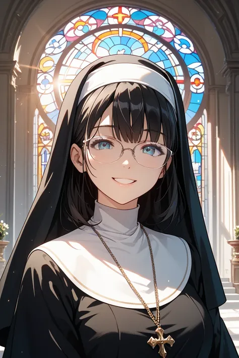 long black hair　　 nun　clear lens glasses　 　 big smile　simple background