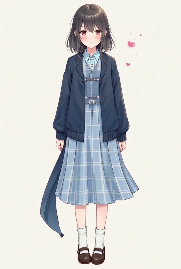 Can you make me an image of a girl wearing a light blue dress style uniform with plaid, a light blue shirt, navy blue vest, navy blue sweater with a high tail