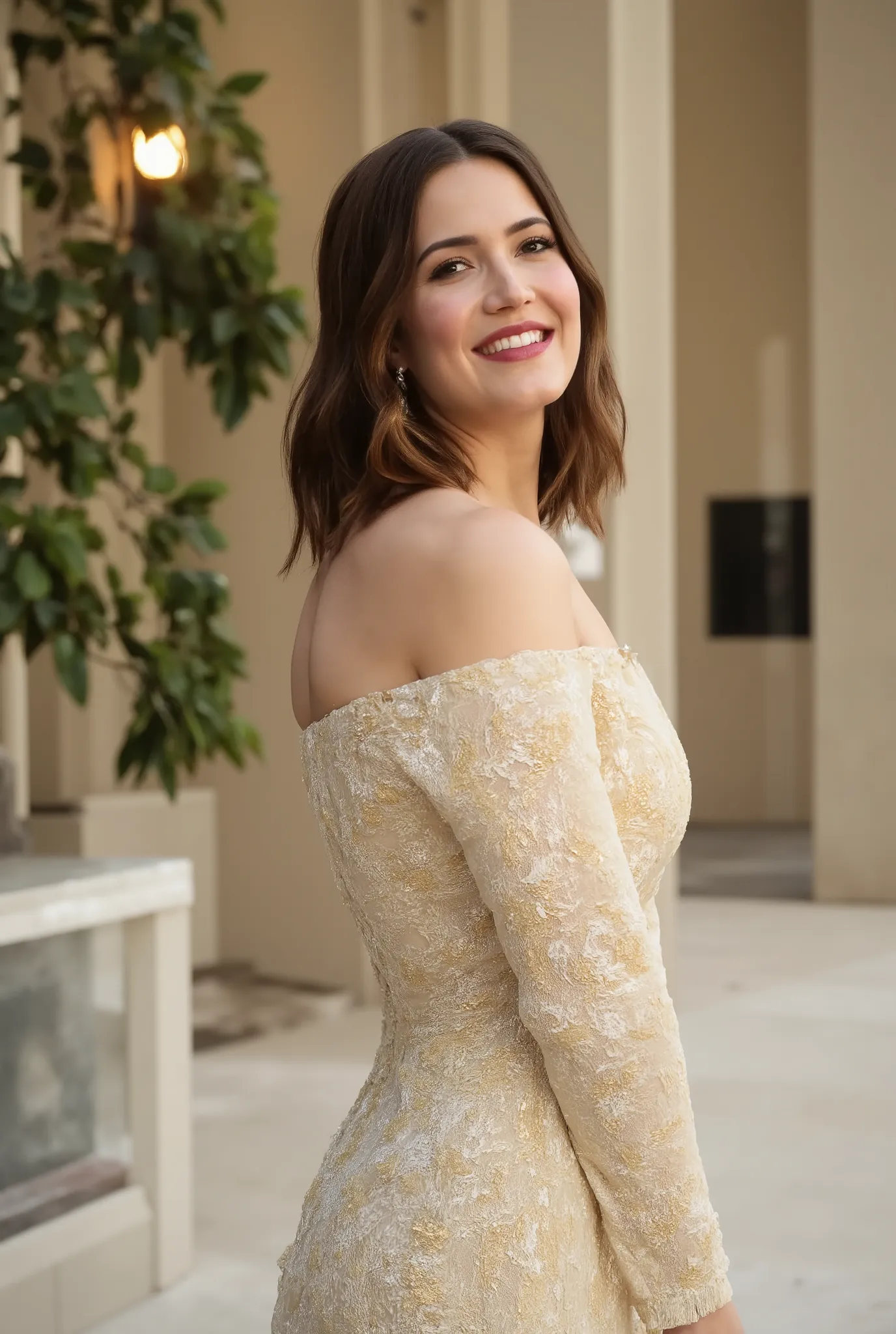 best quality, highres, 8k, masterpiece, photography, detailed midbody photorealistic portrait. Mandy Moore is dressed in a vintage-inspired 1970s wedding dress with a halter neckline and a wide, flared skirt. The dress features bold, geometric patterns in ...