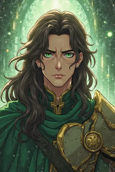 Create me an image in the Korean manwha fanart anime style with a very handsome 25-year-old man of Greek origin with green eyes and a lot of rebellious long brown hair with a serious expression, very muscular, with armor and with an elegant/green costume, ...