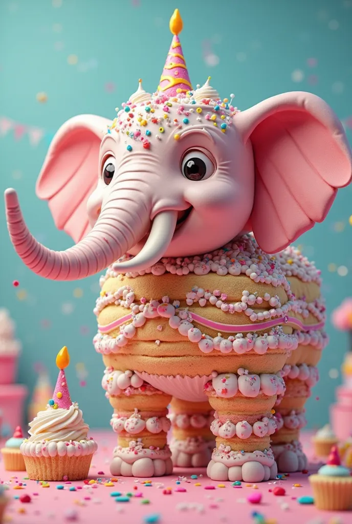 A elephant made out of nothing but Birthday cake., cartoon, silly toon, Giant tummy, big long trunk 