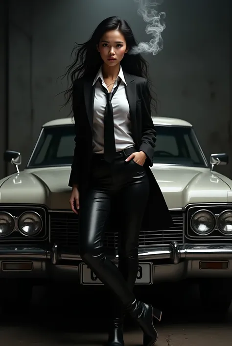  photorealistis, a beautiful young Indonesian woman,  long black haired ,  Wearing a blazer /a long suit combined with a white shirt and a mafia-style black tie, wearing tight black leather pants, high heels boots, standing confidently and looking satisfie...