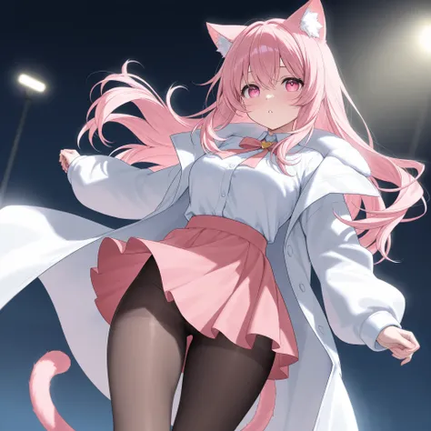 、 best thighs、blush、Dispatched Light Wheel、beautiful skin、Clear shadows、front、 Long Coat 、pink hair、salmon pink eyes、black tights、Cat tail、 Heart Eyes 、 skirt、Take off your tights、 long hair、Date、she