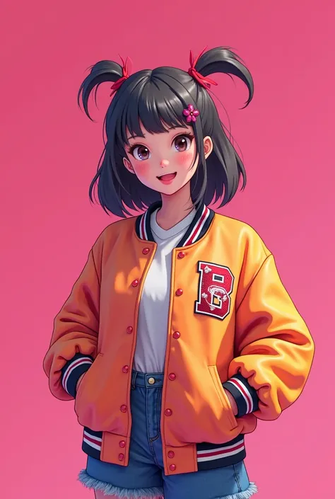  Create me an animated image , a female schoolgirl college jacket and full body pink background for album cover dimensions 5000x5000