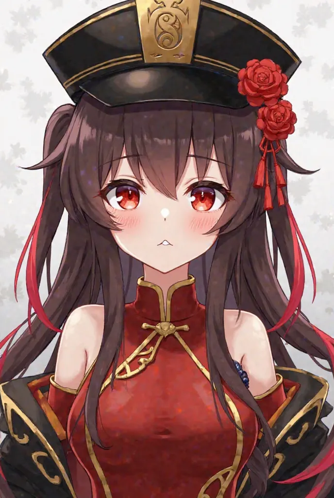 Hu Tao from Genshin Impact is a young woman with long, dark brown hair that fades to red at the tips, usually styled in pigtails, and bright red eyes with unique white, blossom-shaped pupils; she wears a black hat with red flower accents and a red outfit w...