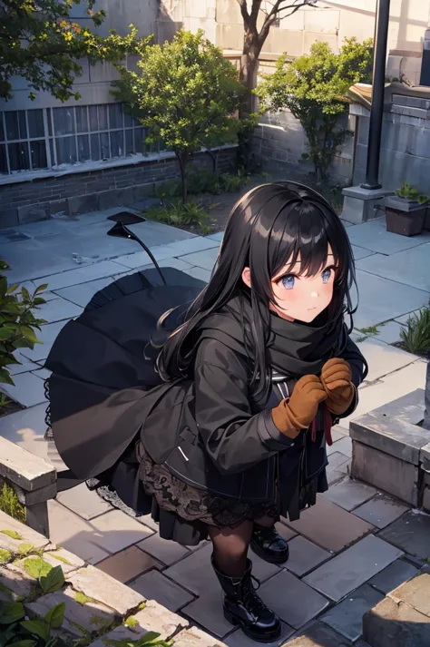 High image quality, high resolution, smooth gradation, vivid colors, a black cloak, a black student uniform, black stockings, black lace-up shoes, black hair, a high school girl, Winter, morning, dead trees, dry soil, school courtyard, well, scarf, mittens...