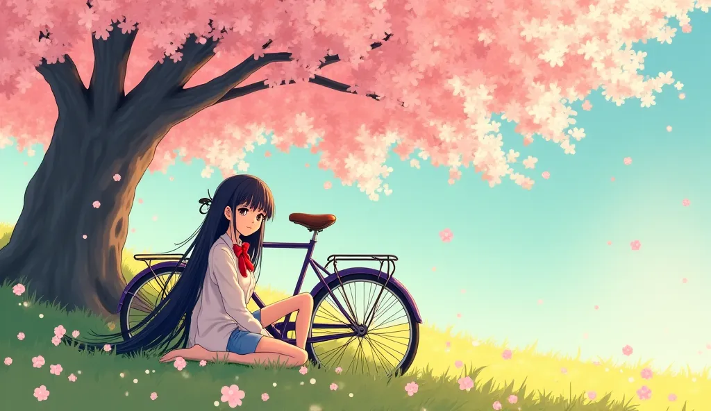 Create Manga image: a young girl with long black hair, a red bow tie on her head, under a Sakura tree, is resting a bike next to her. 