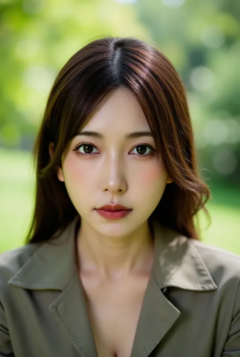 frontal close-up portrait photo of young asian woman in the park,looking to the camera,bokeh,(deep_shadow:0.65),