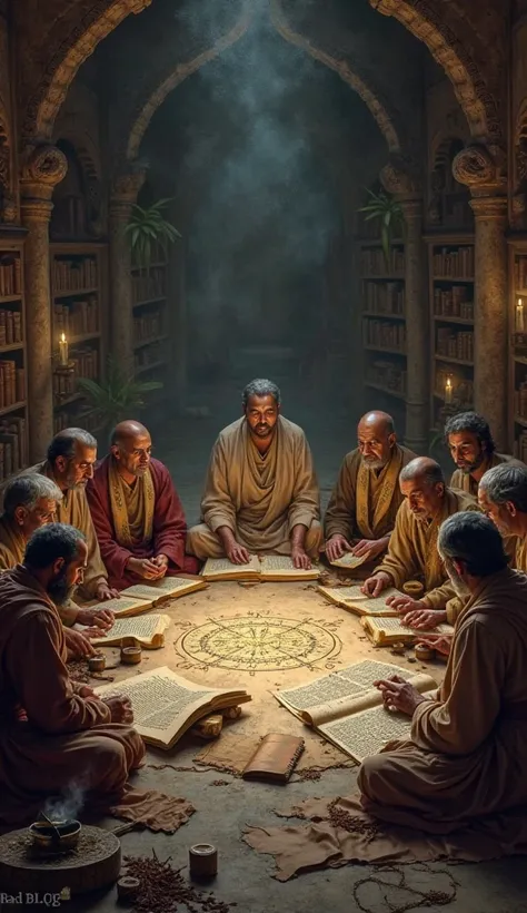 A secretive meeting in a dimly lit room, where nine scholars in traditional Indian robes hold ancient scrolls, surrounded by mysterious symbols and manuscripts.