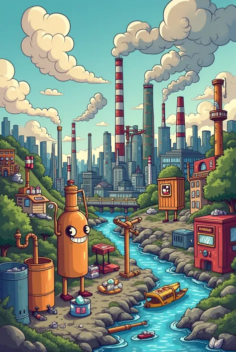 Cartoon of the causes of detailed pollution