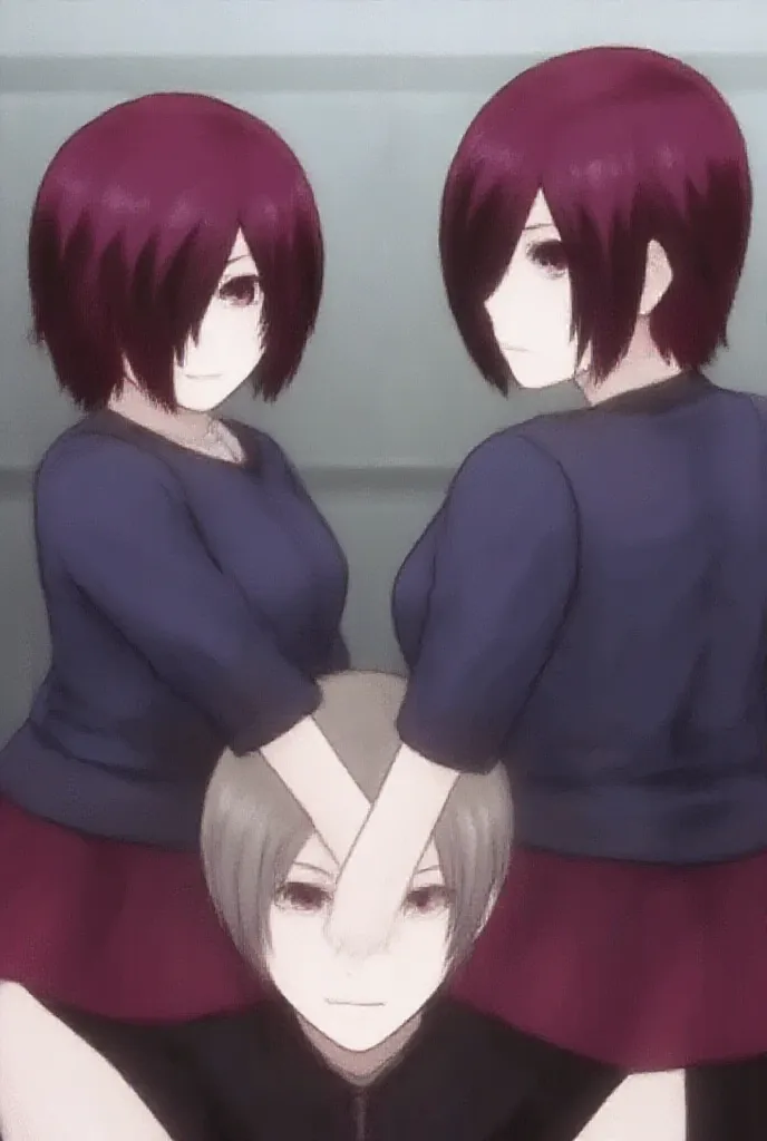  Ruby Rose wrestling against Touka Kirishima, wearing school uniform with rolled-up sleeves, angry,  tired, sweating heavily 