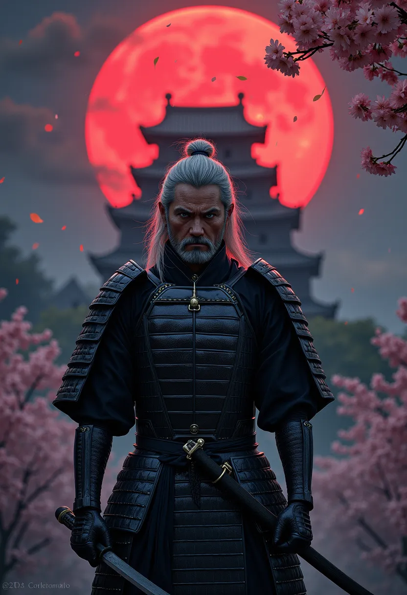 Jet Black Armor ，samurai，Red full moon in the background of the ornate castle， cherry blossoms at night，Gray Hair，Aquiline Nose， blue eyes