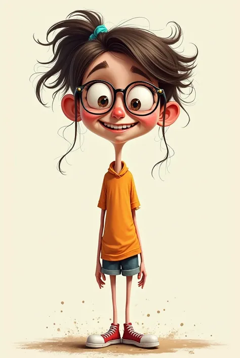 A nerdy cartoon character girl with a stretched tall face