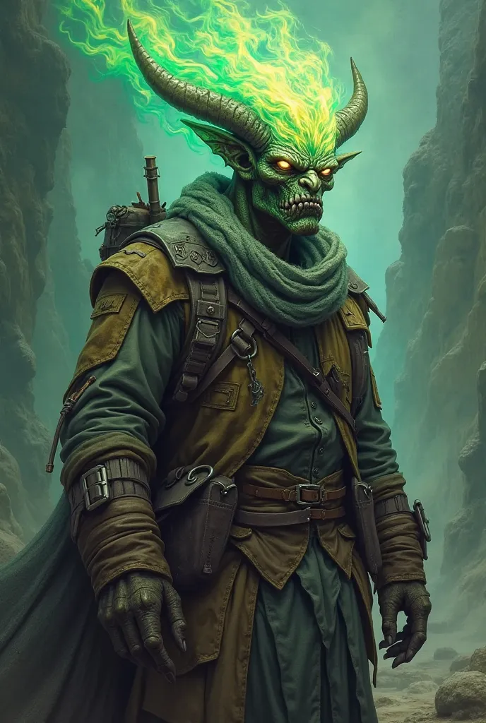 A demon with a head of green flames, wearing an explorer's outfit.