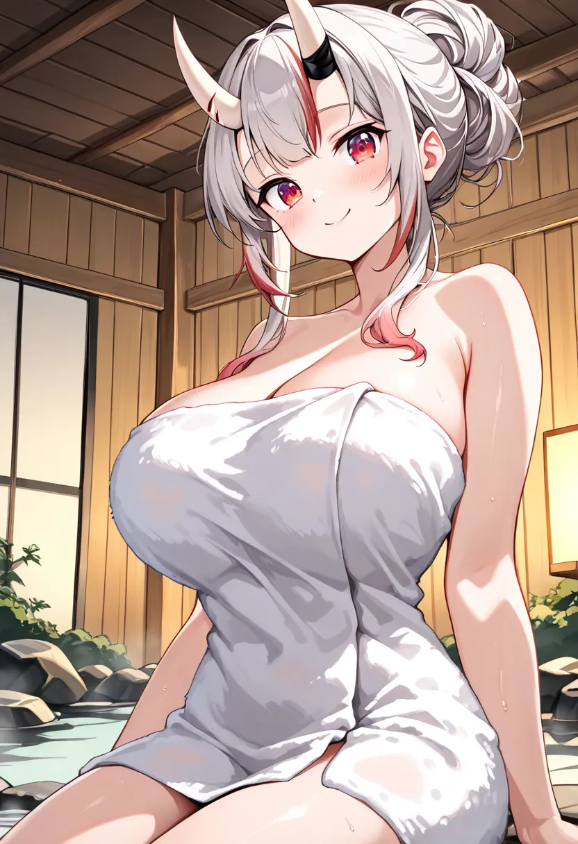 (Highest quality , 8k , masterpiece , incredibly absurdres , perfect body , super detailed skin , highly detailed eyes and face , 1 woman ) ,  nakiri ayame , Silver Hair , red eyes , demon horn , smile ,  will be happy , ( naked towel , indoors onsen : 1.2...