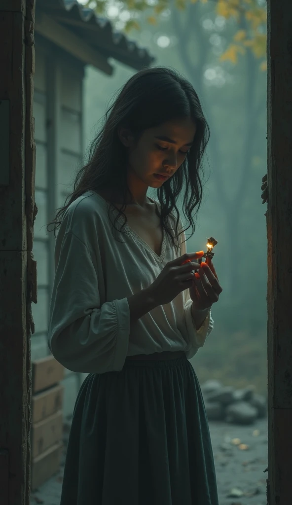 Sofia holding a key in her hand in a blurry shed. 