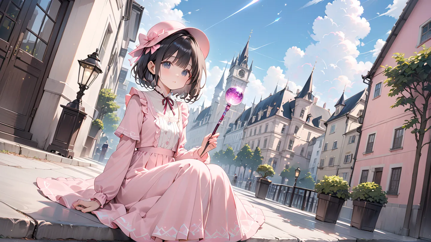 ( best quality ,  high resolution ,  Textured skin , high quality, high detail,  extremely detailed CG unity), age girl ， magic 少女，Black short hair，Black Eyes，pink small hat，Holding a magic wand，Walking stick ， magic ，cute，Multi-layered ruffles，Lace，Beauti...