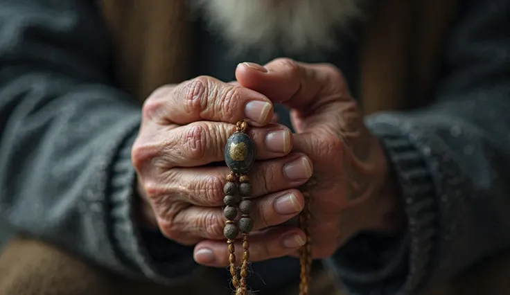 . A close-up of an old man’s wrinkled hands holding a prayer bead, deep in thought.  
