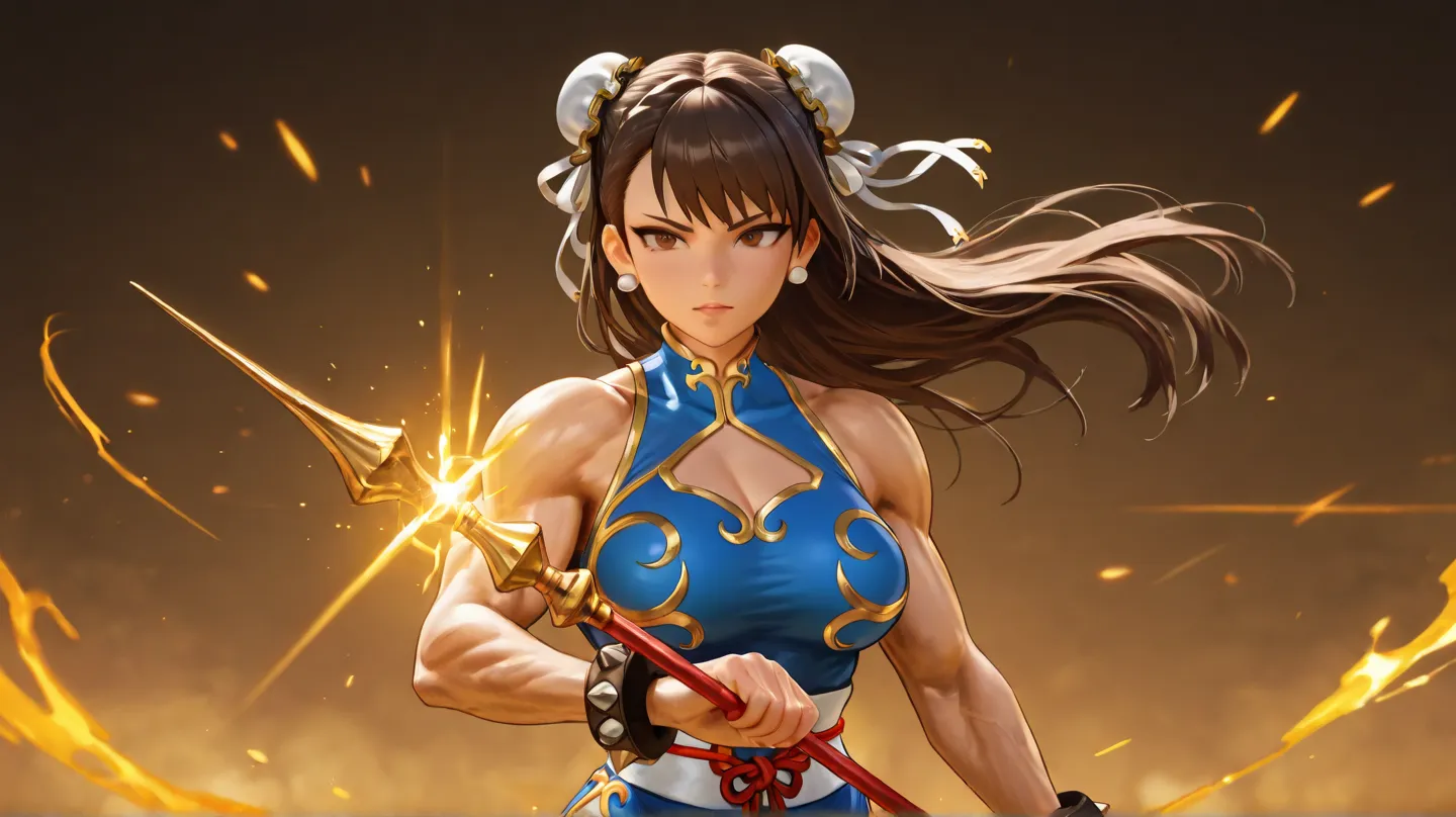 Chun Li Big Ass woman Vista traseira Big ass Crusshed, sitting, staff in hand 