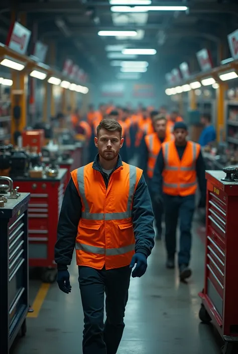 8.  command shot  (Masters at work)

📸 Photo: Several mechanics work simultaneously in the service, creating a motion effect.
🎨 accent: Orange vests, form, elements on walls.
