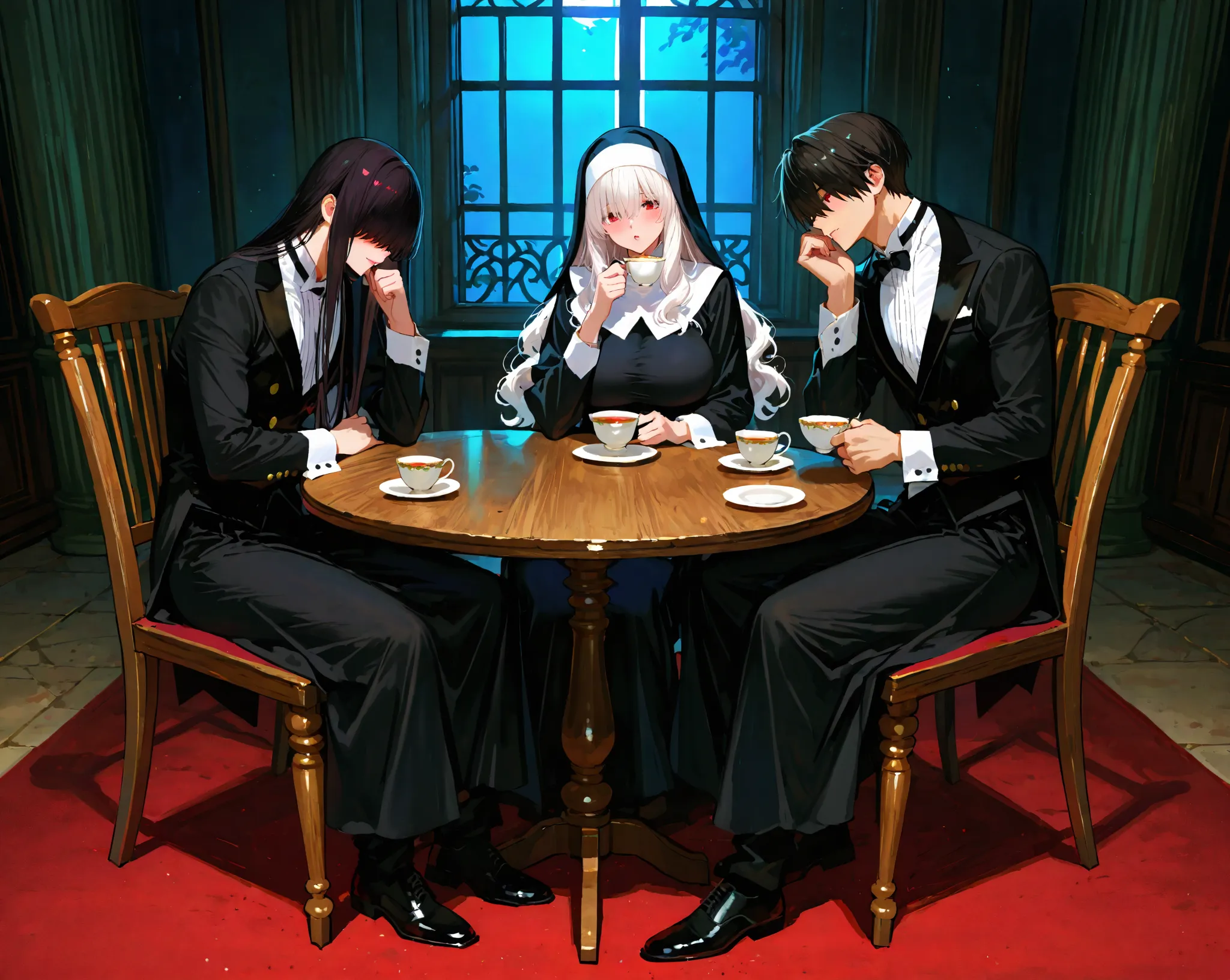 perfect anatomy hyper realistic, female with (red eyes Fluffy wave hair, white Hair 18yo short stature (colossal Breasts:1.1), black nun clothes), male with (hair over eyes Black Hair 20yo Butler Clothes), moonlight flower garden out of church, sitting woo...