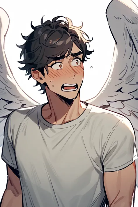 (1man) (male focus) disheveled italian man, warm olive tan, italian black hair, short men's haircut messy sexy, bangs, flustered, charming, brown eyes, T-shirt, masculine, handsome, concerned, masculine man, upper body, angel wings