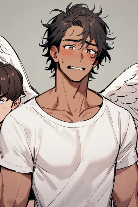 (1man) (male focus) disheveled italian man, warm olive tan, italian black hair, short men's haircut messy sexy, bangs, flustered, charming, brown eyes, T-shirt, masculine, handsome, concerned, masculine man, upper body, angel wings