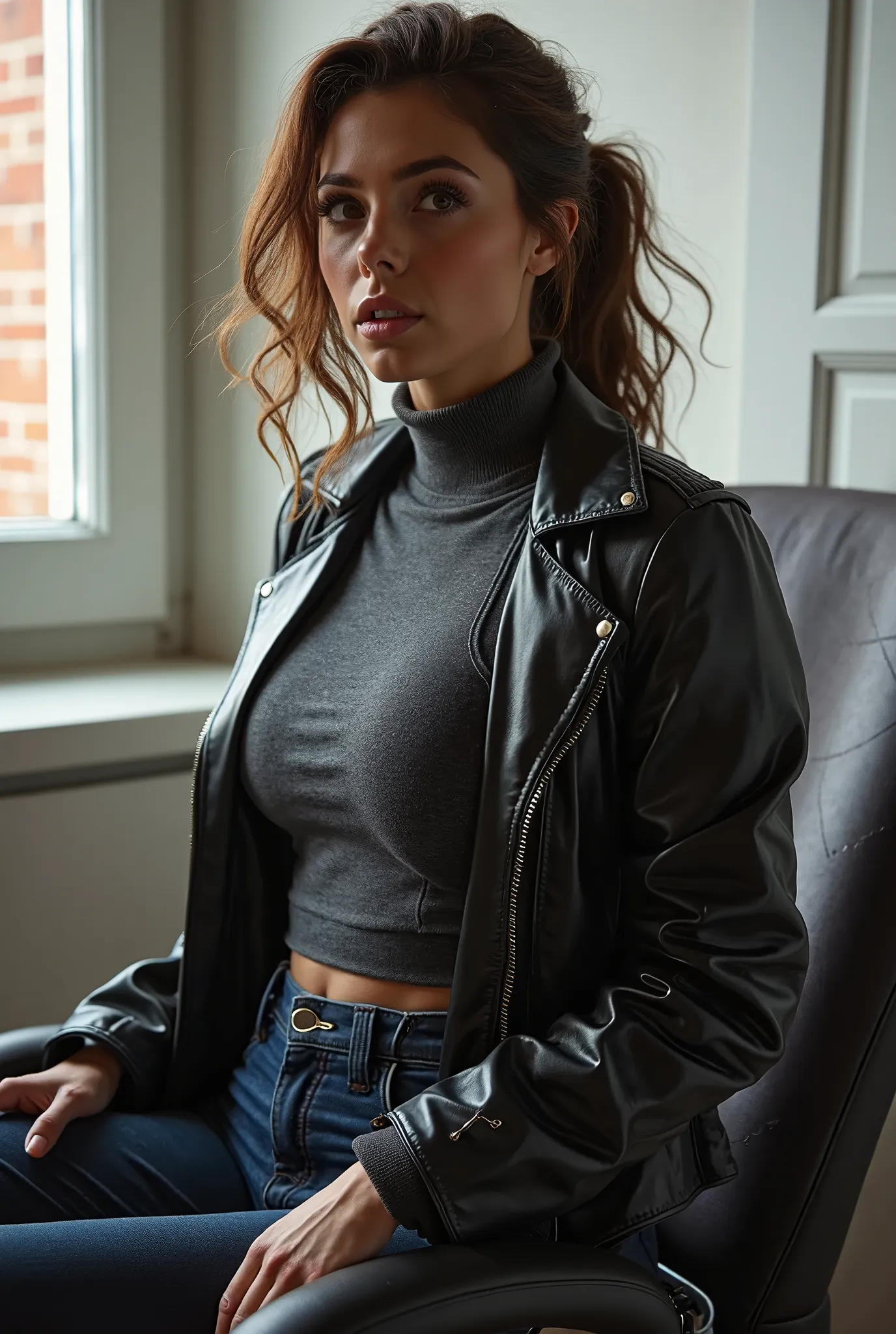 (highly detailed) side image of Caucasian Lindsey Strutt is wearing a dark grey turtleneck shirt black leather jacket half zipped up and a very tight pair of navy jeans she has an amazing ass Brazilian butt lift she has brown messy hair and her ass is bigg...