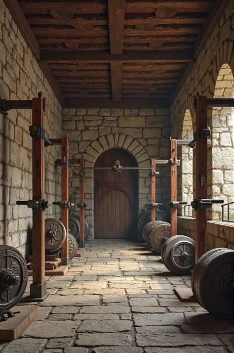 Medieval gym with weights, dumbbells and barbells without people.