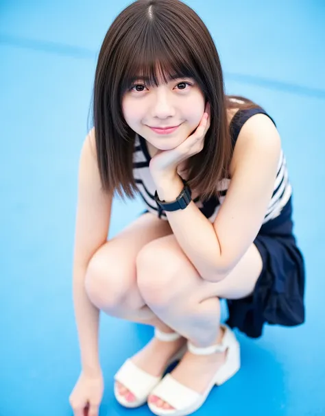  This image、shows a young woman named Nao sitting with her knees bent and one hand on her chin. She has half-length straight hair and bangs.   She wears a sleeveless top with black and white horizontal stripes  ,   and dark short shorts with ruffles at the...