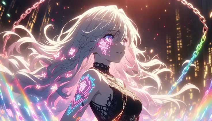 Anime screenshot, artistic illustration of a female anime character decorated with glowing neon flowers and chain tattoos all over her face and body. The arm tattoo is mixed with white and red light, rainbow and white light, emitting neon light. With hair ...