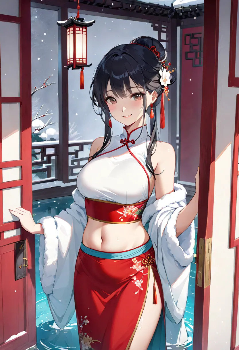 Elegant and intelligent classical Chinese woman, Wear a belly band, Standing at the door with a smile, Her skin shines more than snow ,  Her eyes are like pools of clear water. There is a faint book-like atmosphere.