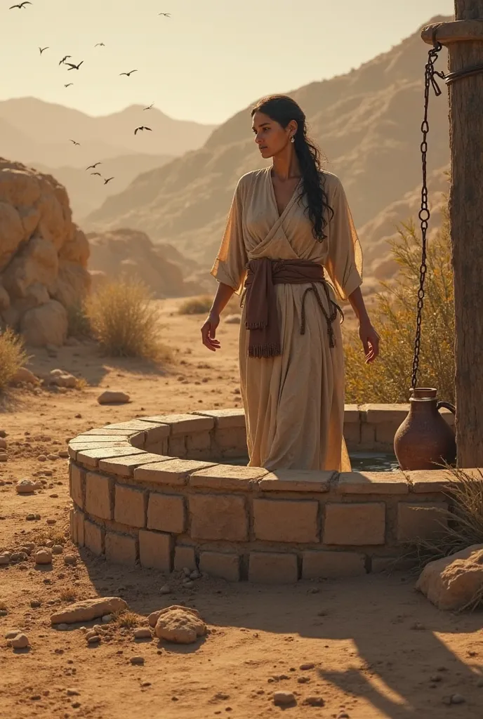 a Samaritan woman leaving behind the jug and the water well