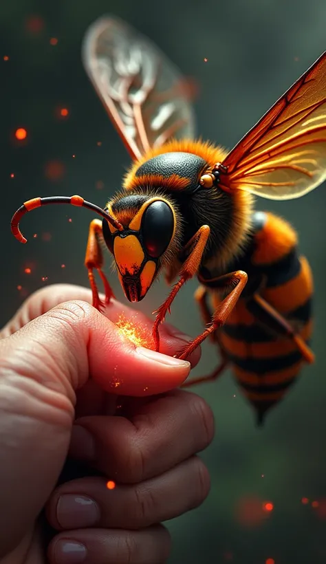 A hyper-realistic digital painting of an Asian Giant Hornet in the act of stinging a human. The hornet is large, menacing, and vividly detailed — its orange and black-striped body gleaming, powerful wings slightly blurred in motion, and its sharp stinger p...